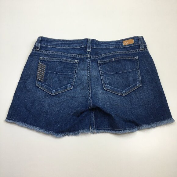 PAIGE Logo Hardware Medium Wash JIMMY JIMMY Raw Edge Hem Cut Offs Denim Shorts - Picture 8 of 11